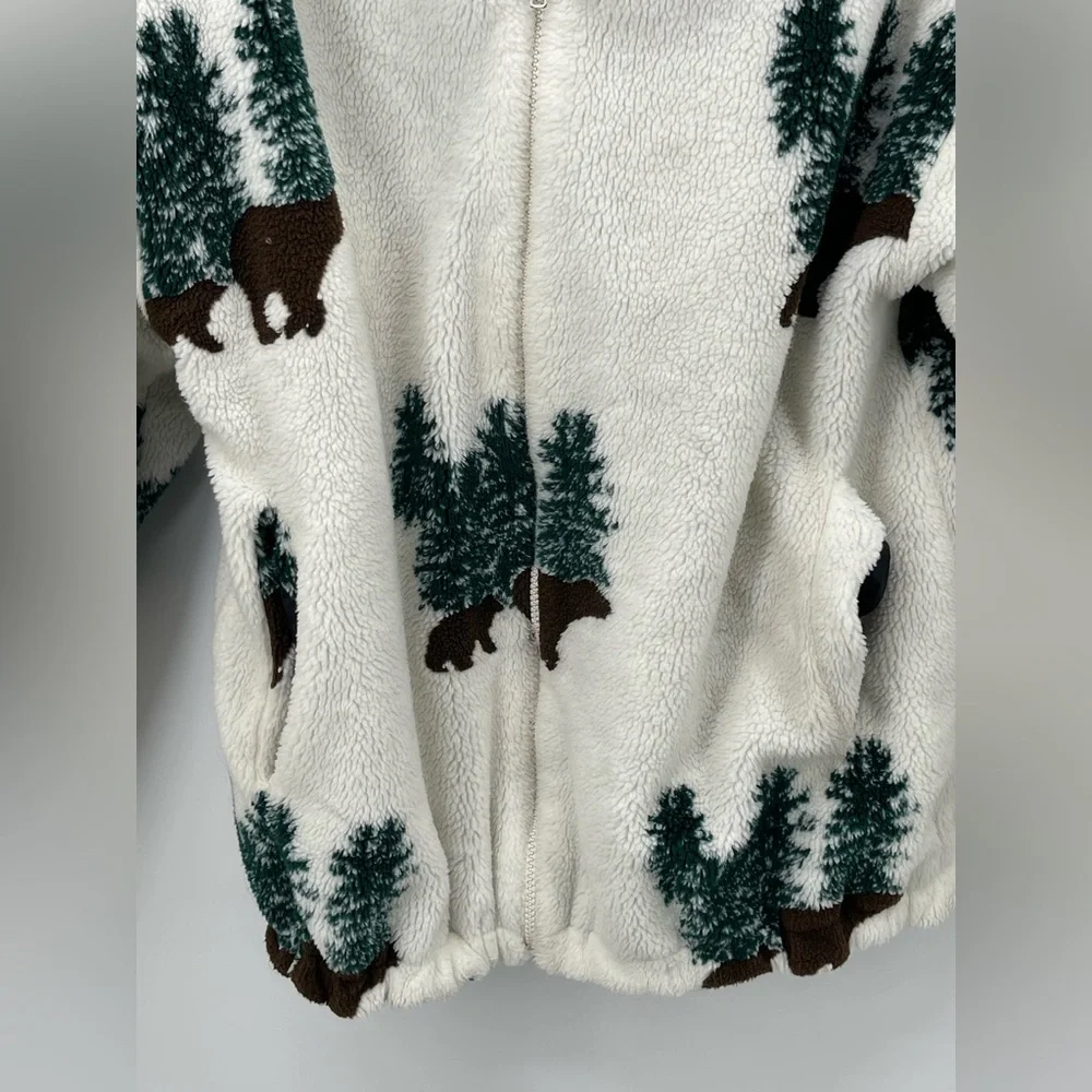 ⭐️Vintage Country Woods Forest Print Cream Fleece Zip-Up Hoodie